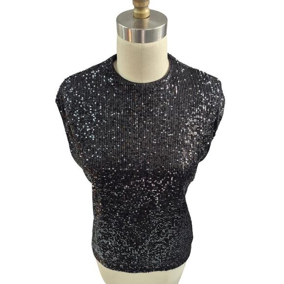 NWT Calvin Klein Fully Sequined Black Poly Spandex Top Shell  Zipper Back Sz S - Picture 2 of 6